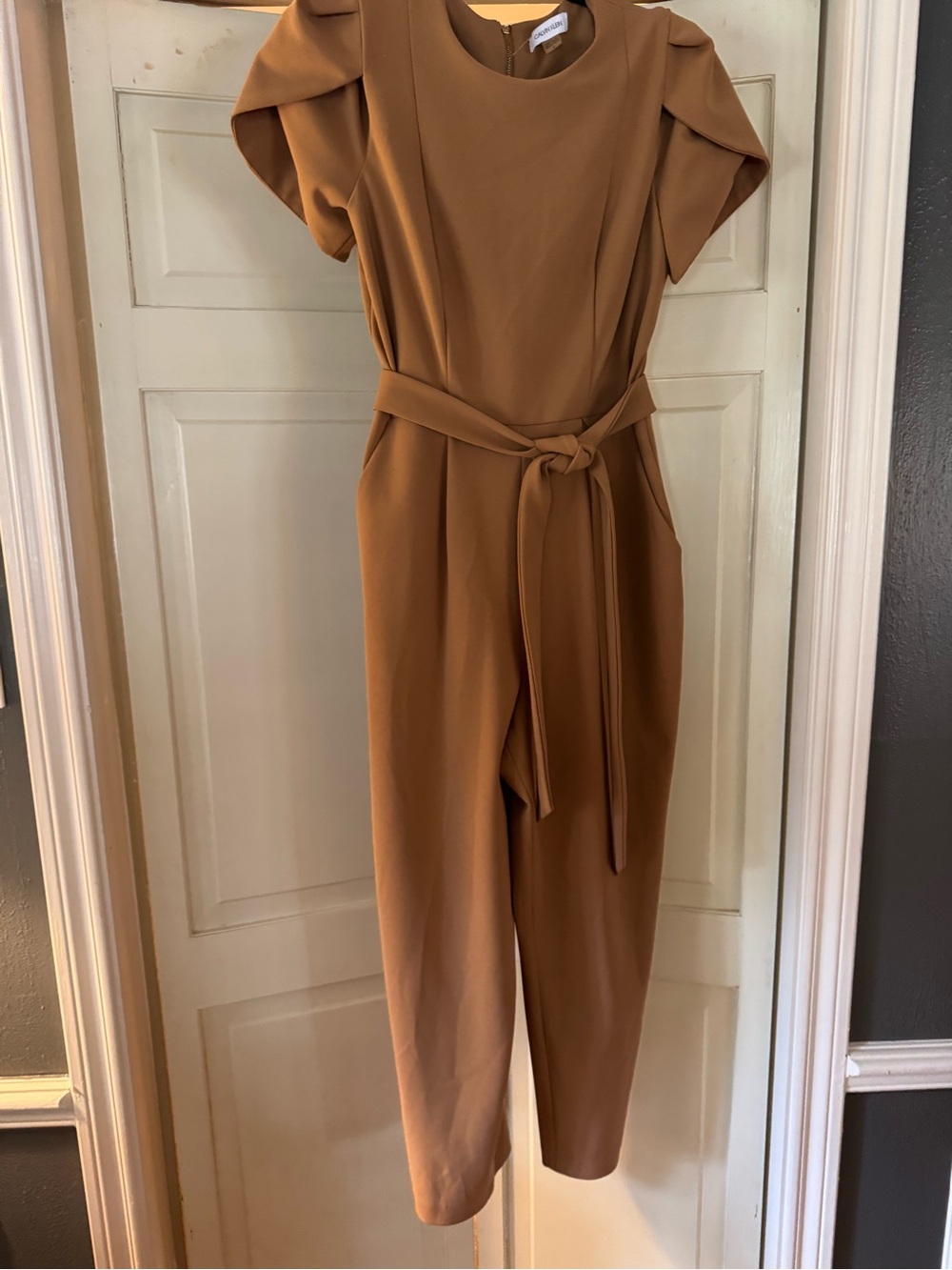 Calvin Klein Camel Brown Tie-Waist Cropped Jumpsuit - Picture 2 of 9
